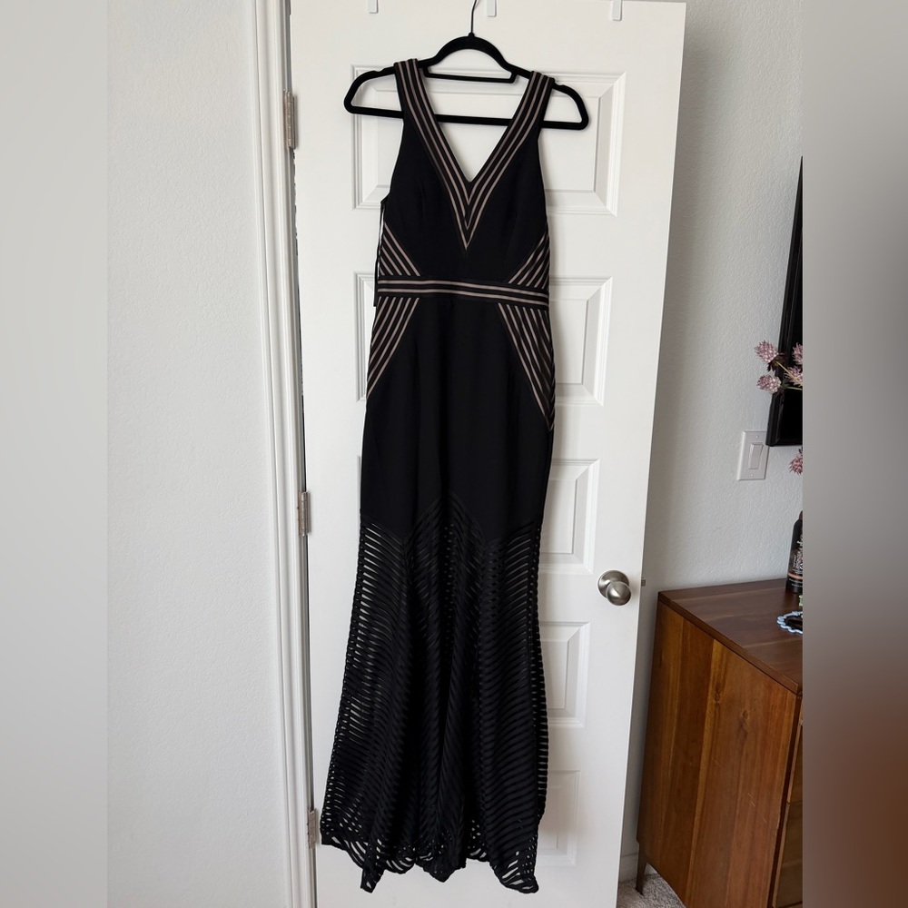 Xscape Black Maxi Formal Dress with Sheer Stripe Insets